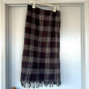 Worthington Black Red Plaid Wool Blend Women Lined Midi Skirt with Fringe Sz 12